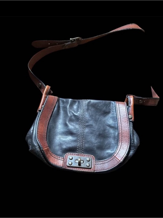 Fossil Handbags - Fossil Two-Tone Black and Brown Leather Saddle Crossbody
